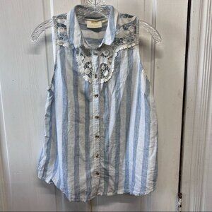 Maeve Anthropologie women's small blue white striped sleeveless 100% linen shirt
